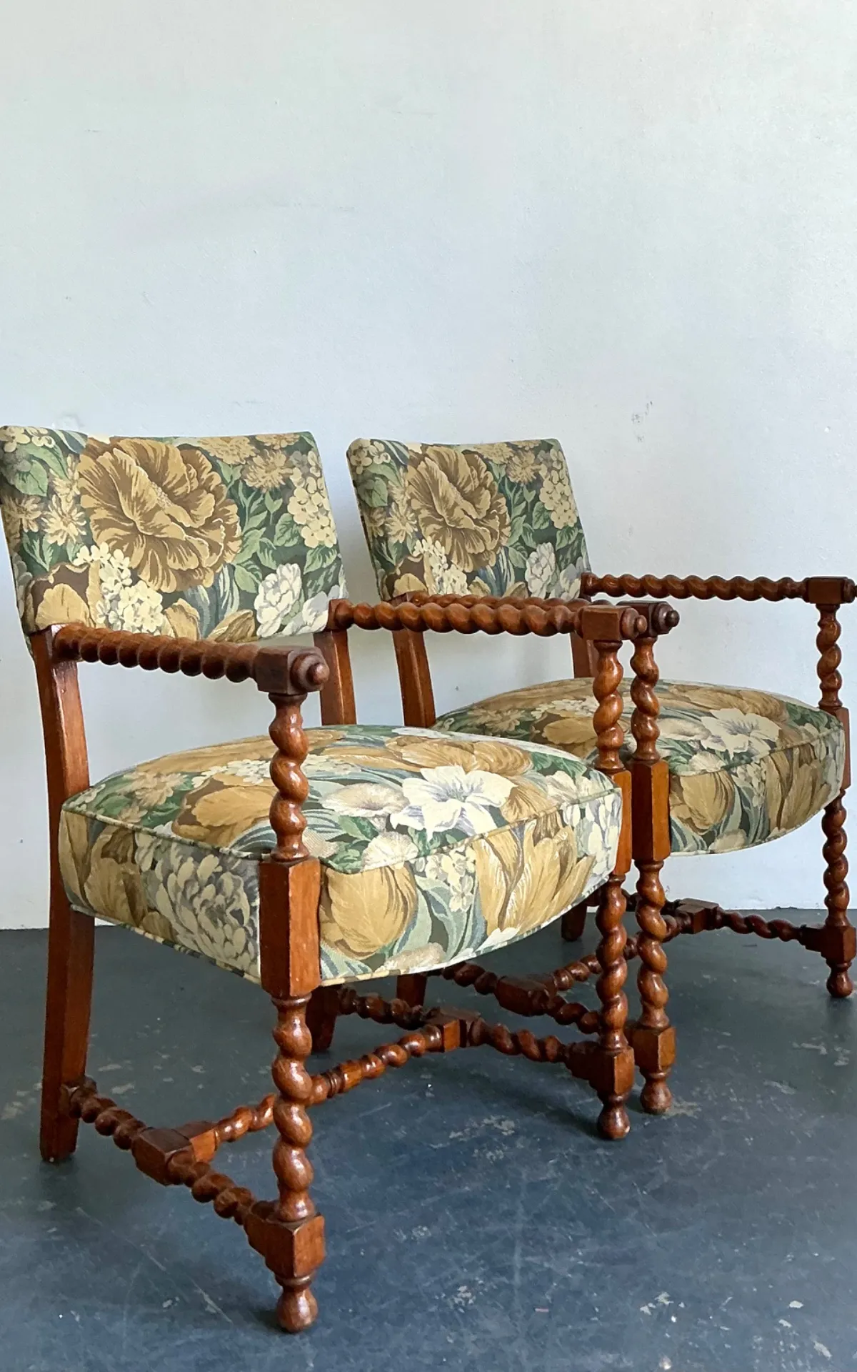 Vintage Twisted Wood Dorothy Draper Upholstered Barley Twist Armchairs — additional photo 6