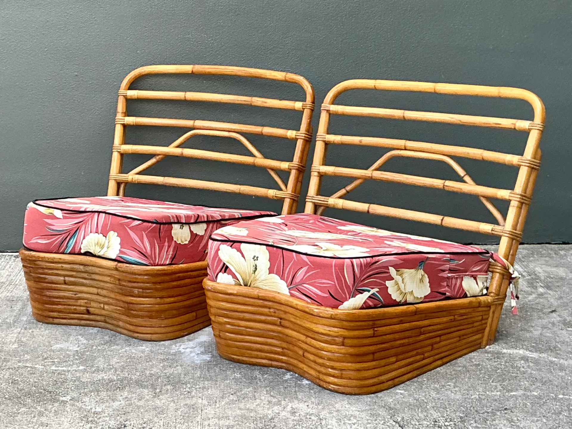 Vintage Stacked Wave Rattan Slipper Chairs After Paul Frankl — additional photo 3