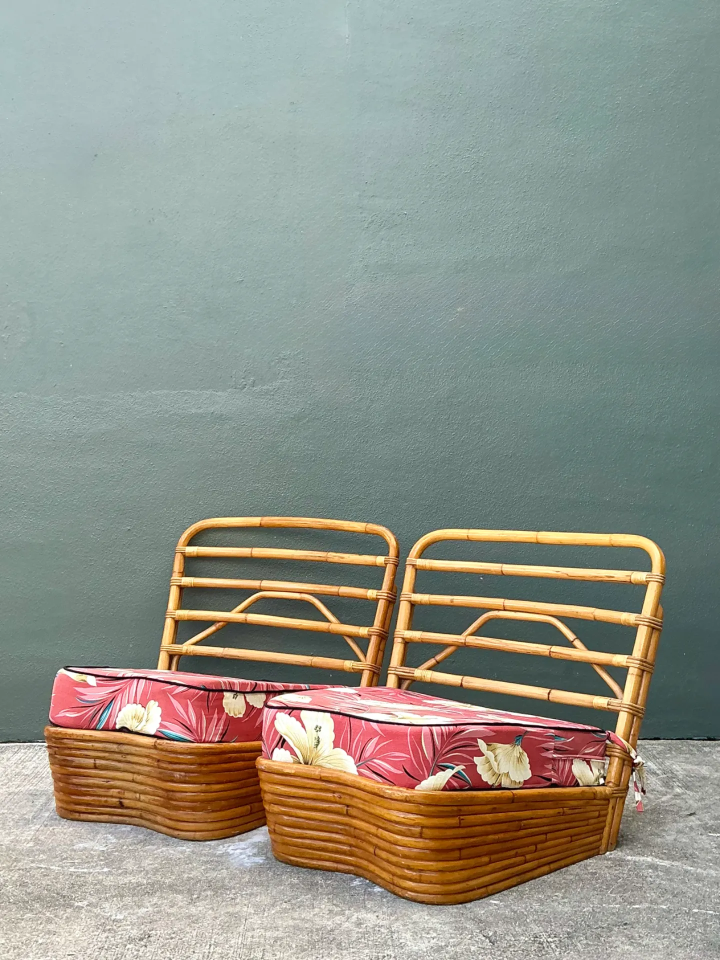 Vintage Stacked Wave Rattan Slipper Chairs After Paul Frankl — additional photo 7