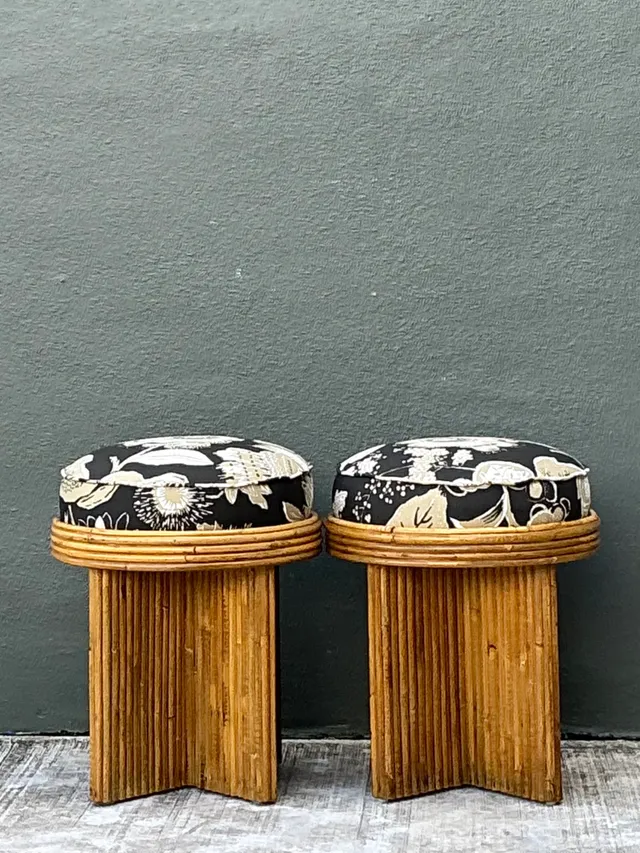Vintage Schumacher Pencil Reed Upholstered Stools - Pair — additional photo 5
