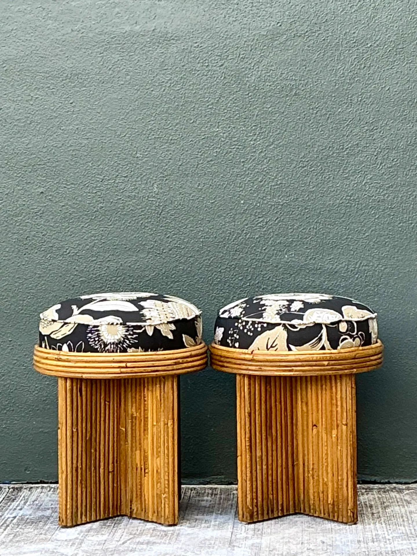 Vintage Schumacher Pencil Reed Upholstered Stools - Pair — additional photo 2