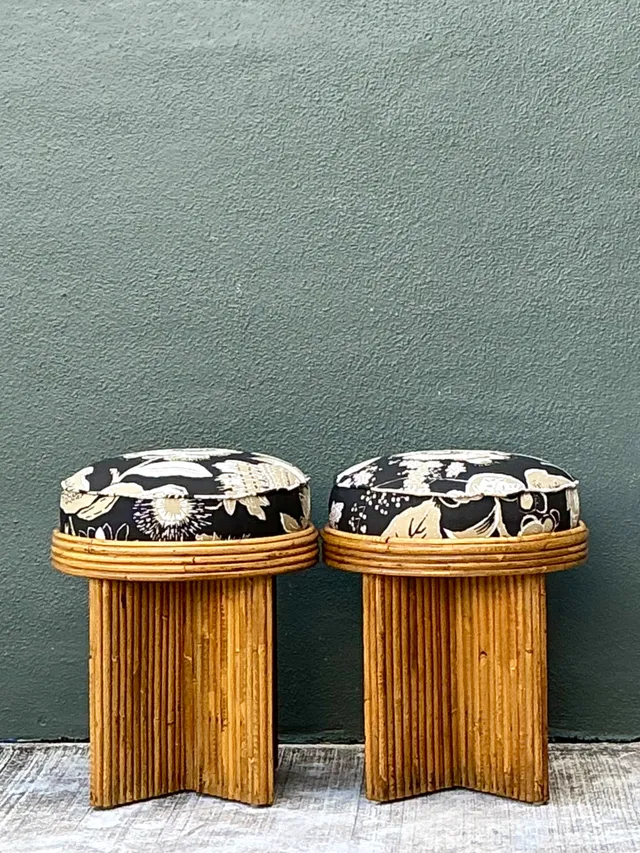 Vintage Schumacher Pencil Reed Upholstered Stools - Pair — additional photo 2
