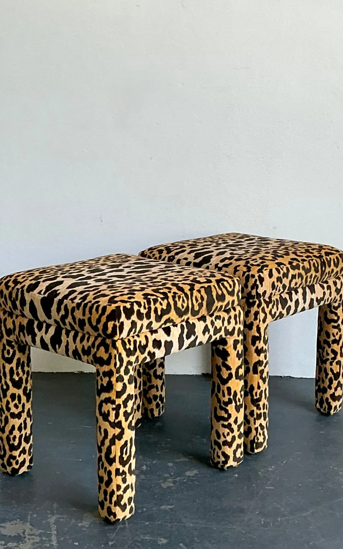 Vintage Leopard Velvet Upholstered Stools - Set of 2