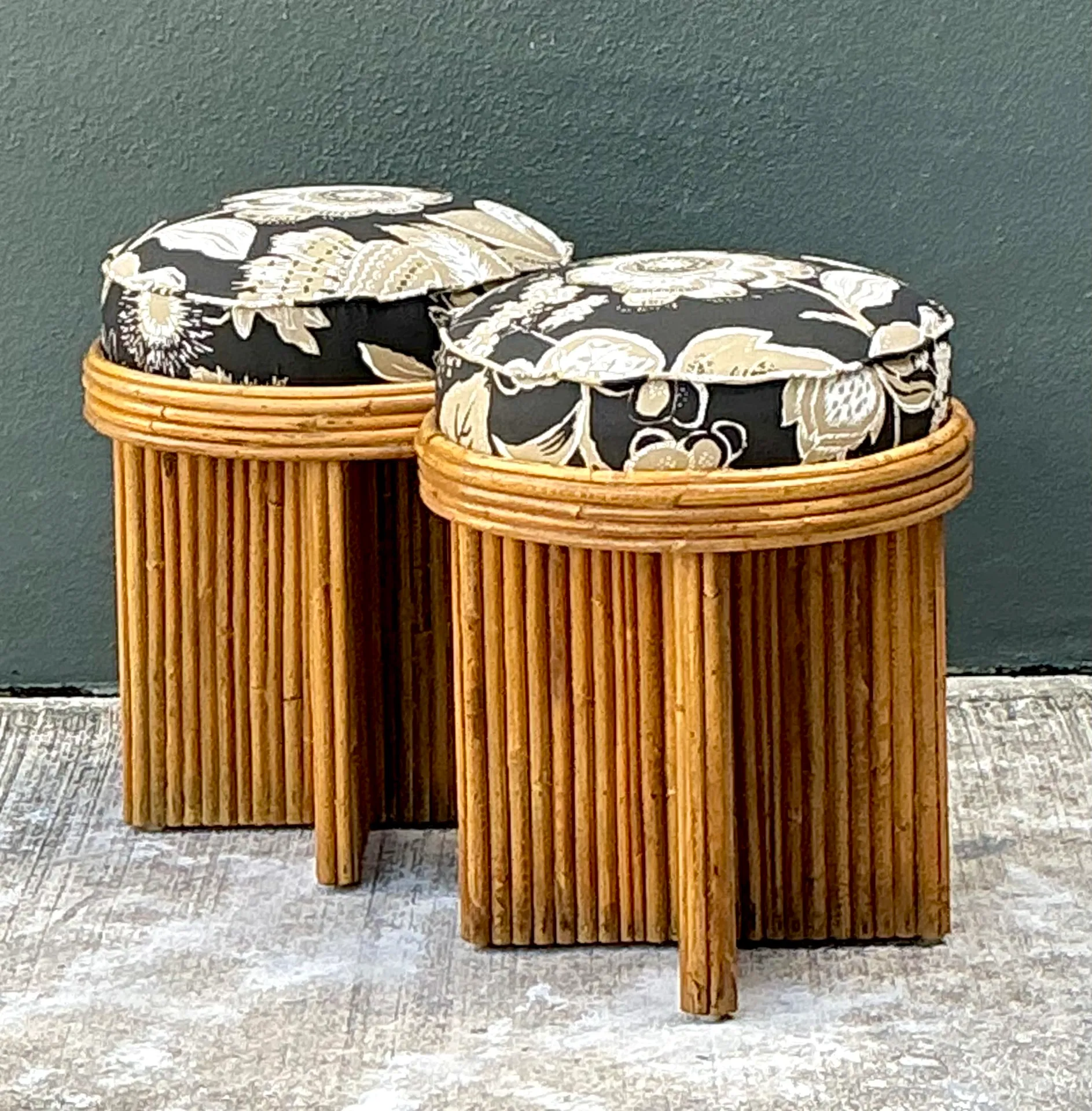 Vintage Schumacher Pencil Reed Upholstered Stools - Pair — additional photo 7