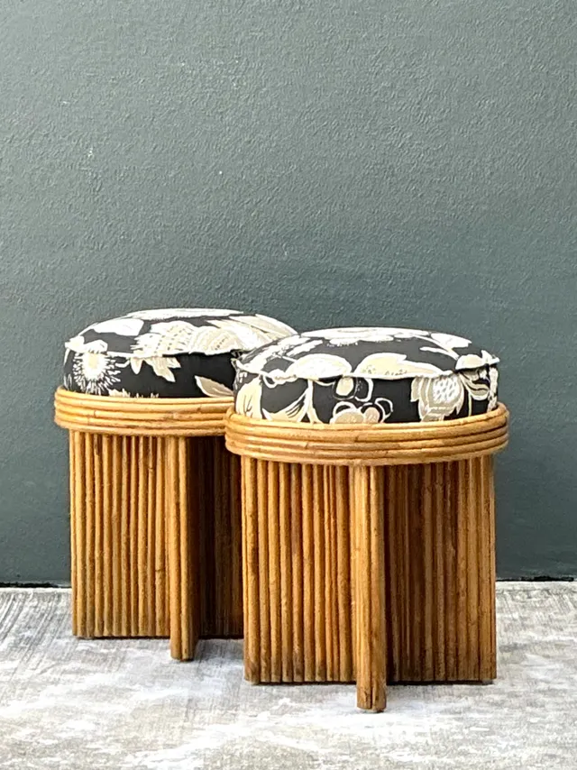 Vintage Schumacher Pencil Reed Upholstered Stools - Pair — additional photo 4
