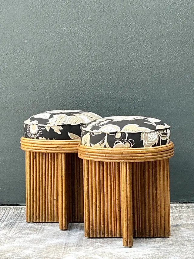 Vintage Schumacher Pencil Reed Upholstered Stools - Pair — additional photo 3