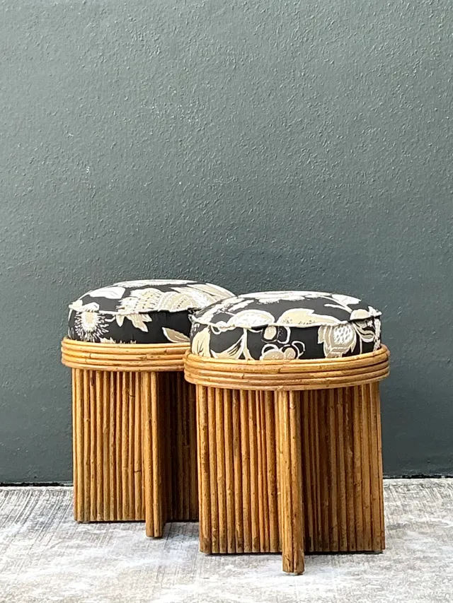 Vintage Schumacher Pencil Reed Upholstered Stools - Pair — additional photo 1
