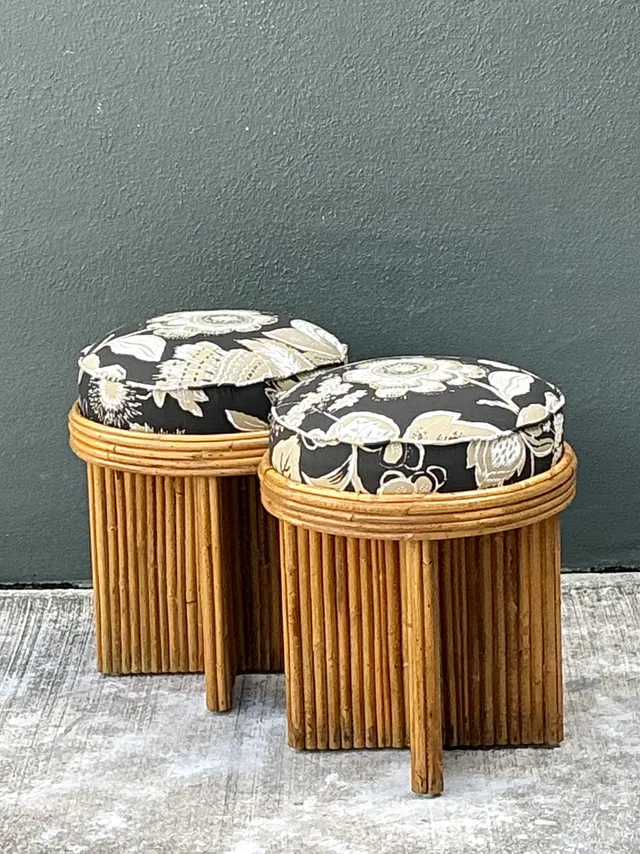 Vintage Schumacher Pencil Reed Upholstered Stools - Pair — additional photo 6