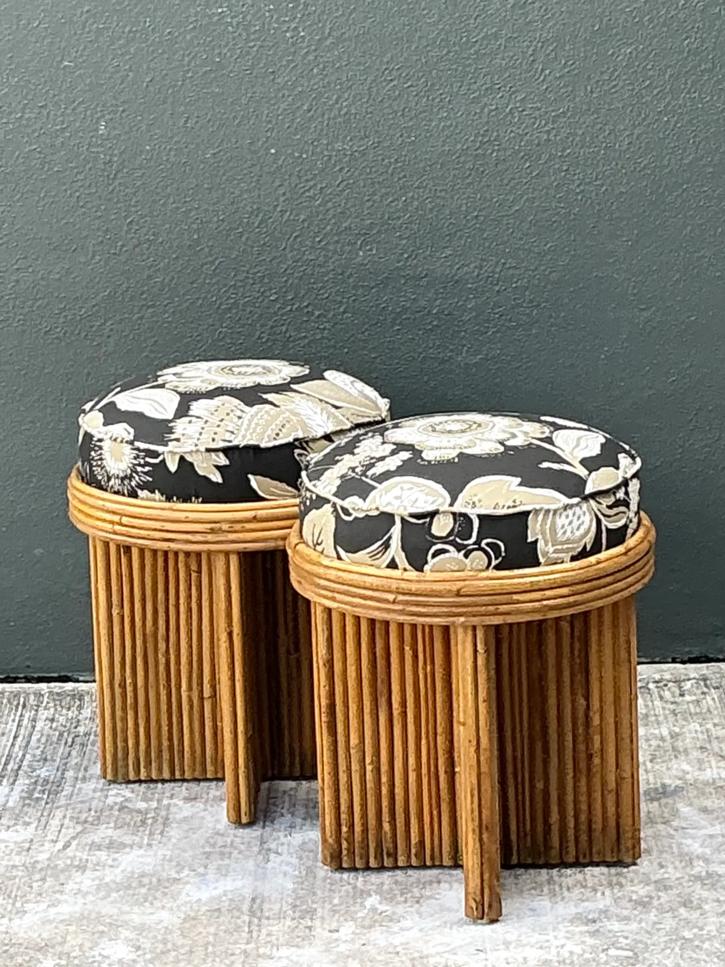 Vintage Schumacher Pencil Reed Upholstered Stools - Pair — additional photo 8