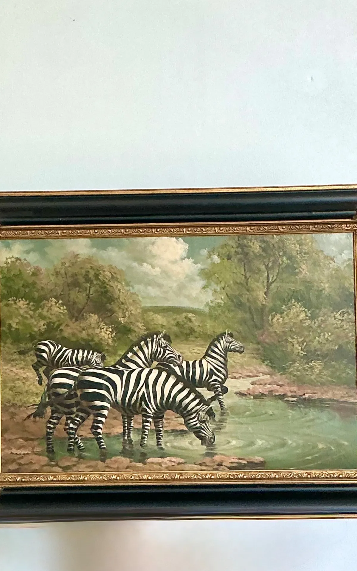 Vintage Zebra Landscape Oil Painting