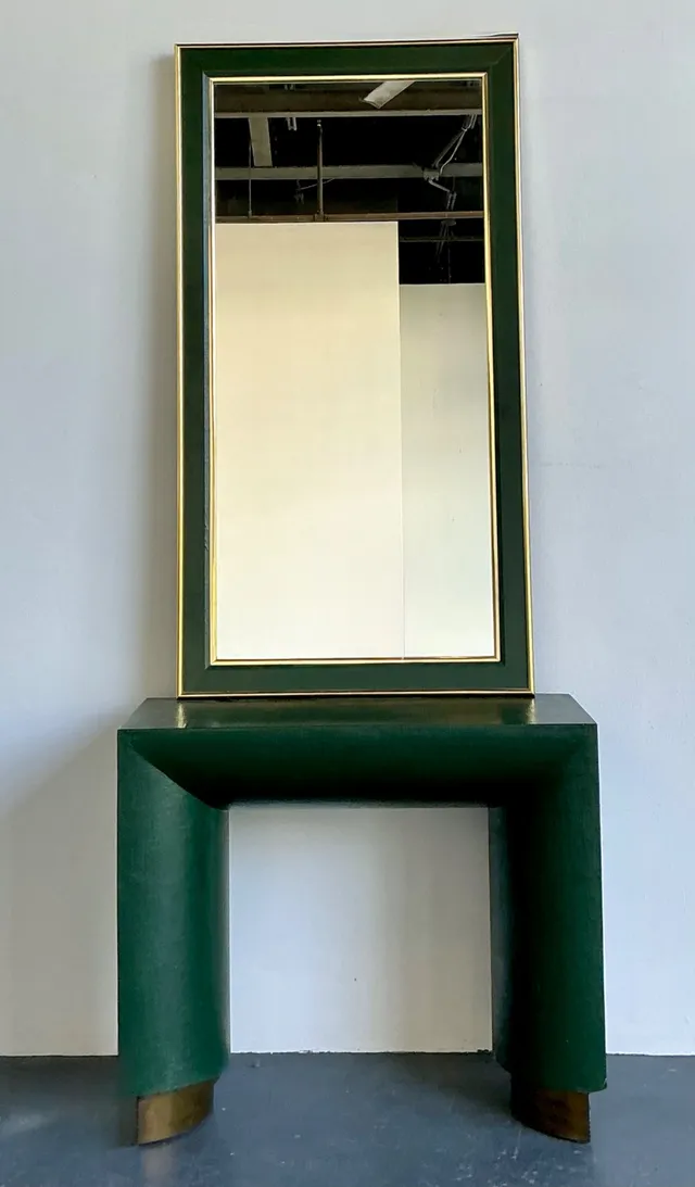 Vintage Green Grasscloth Wrapped Console Table With Mirror — additional photo 4