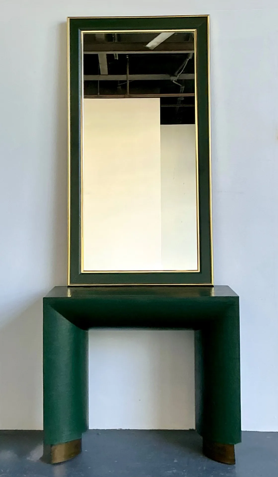 Vintage Green Grasscloth Wrapped Console Table With Mirror — additional photo 6