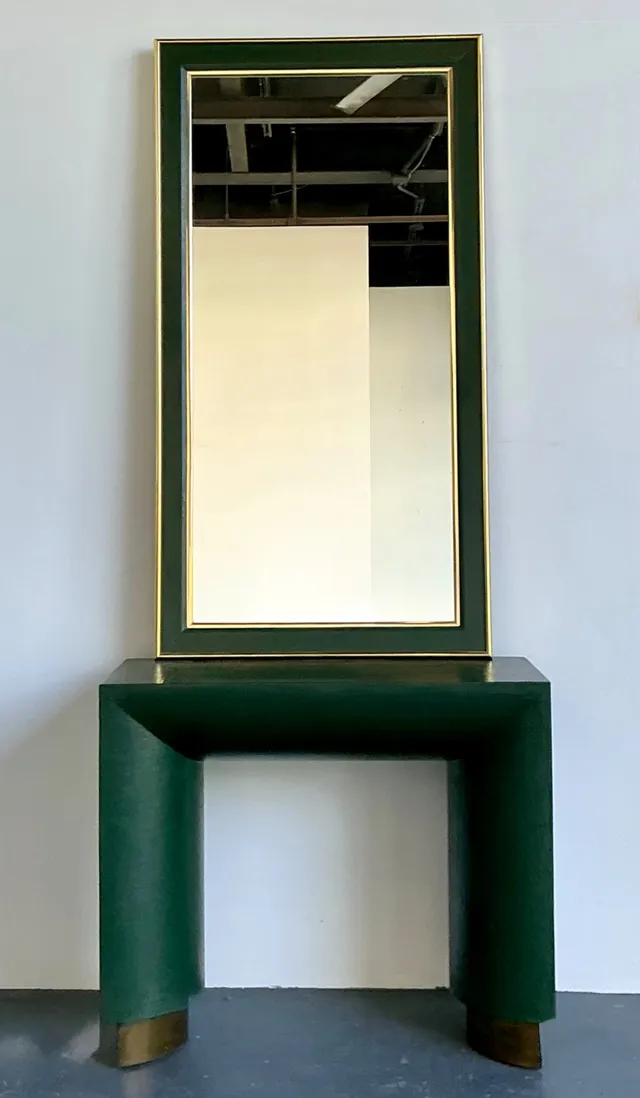 Vintage Green Grasscloth Wrapped Console Table With Mirror — additional photo 6