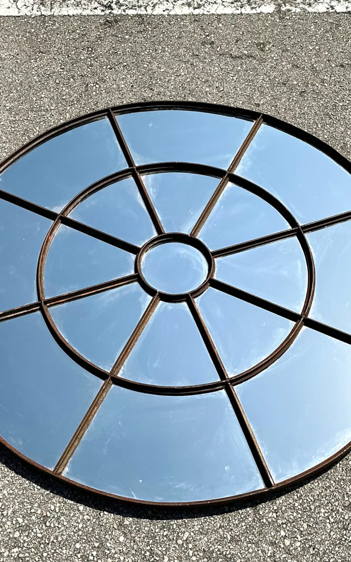 Vintage Round Wrought Iron Windowpane Mirror