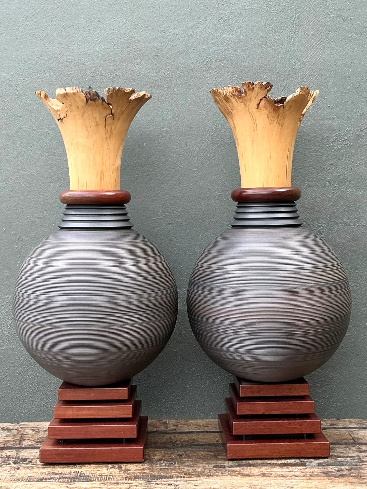 Vintage Monumental Sculptural Wood Urns - A Pair — additional photo 4