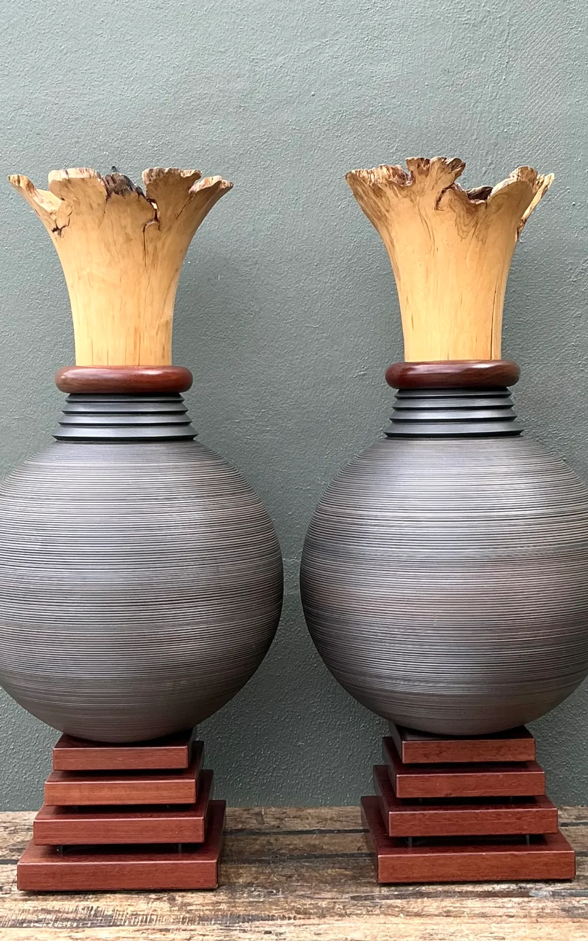 Vintage Monumental Sculptural Wood Urns - A Pair — additional photo 4