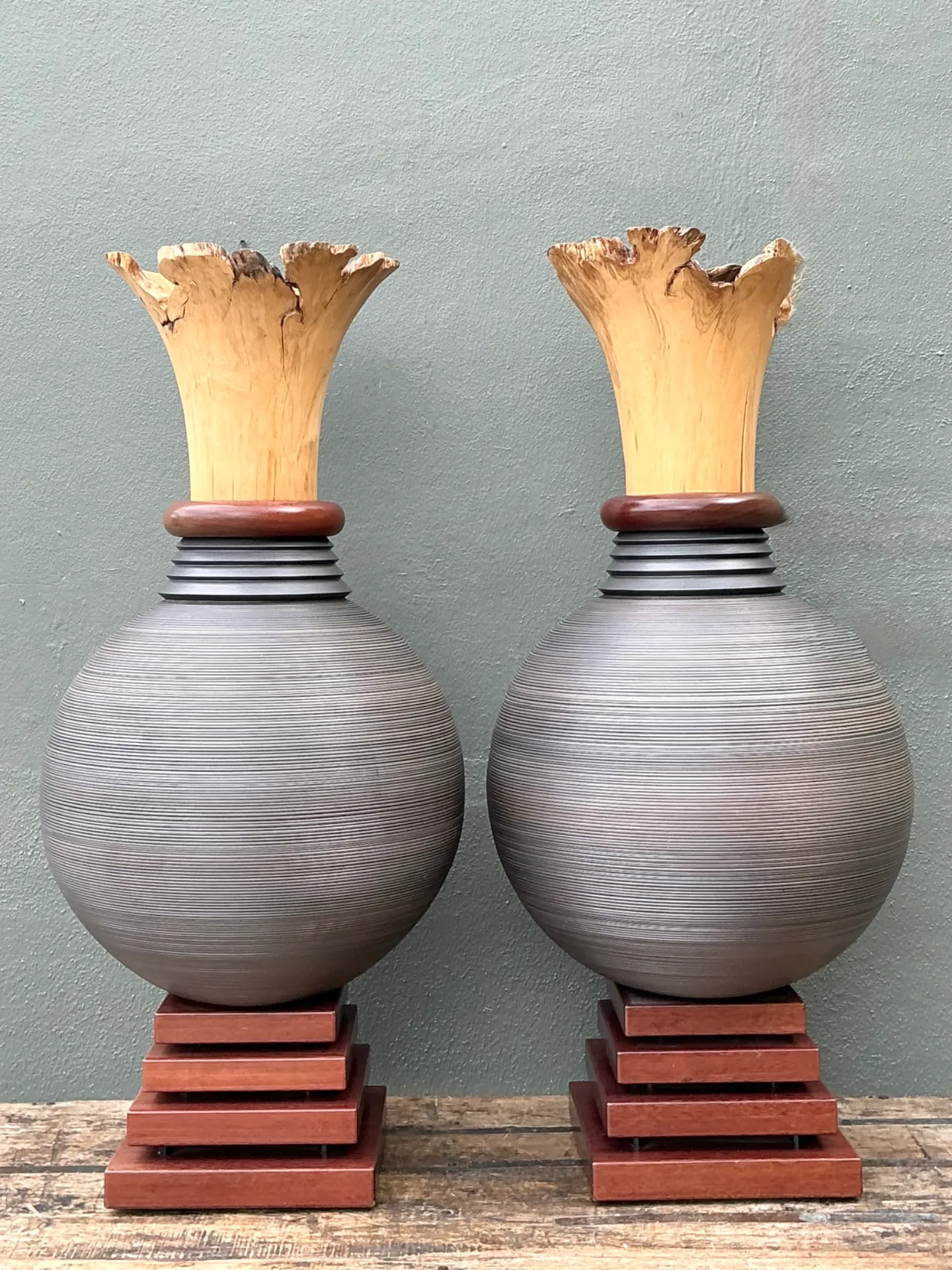 Vintage Monumental Sculptural Wood Urns - A Pair — additional photo 8