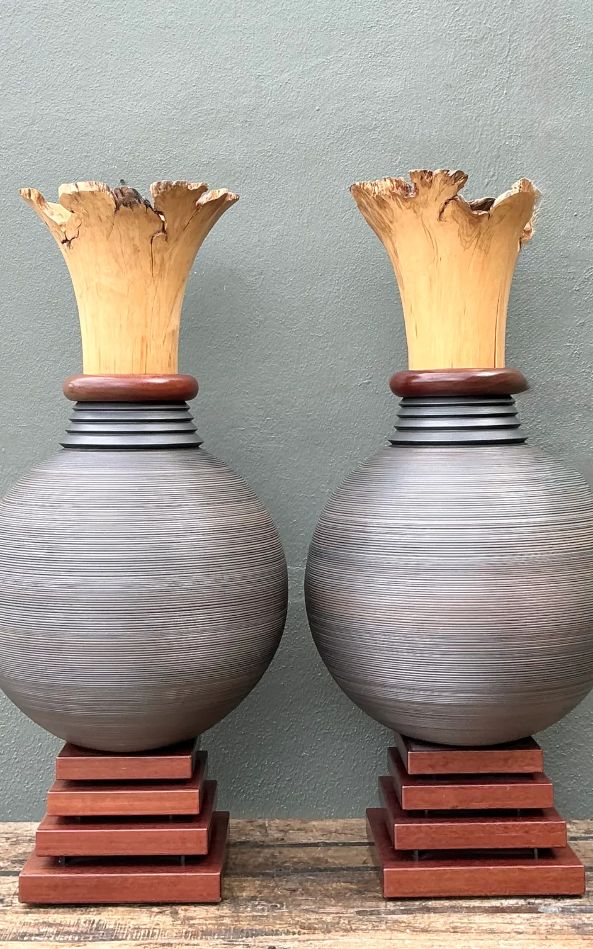 Vintage Monumental Sculptural Wood Urns - A Pair — additional photo 8