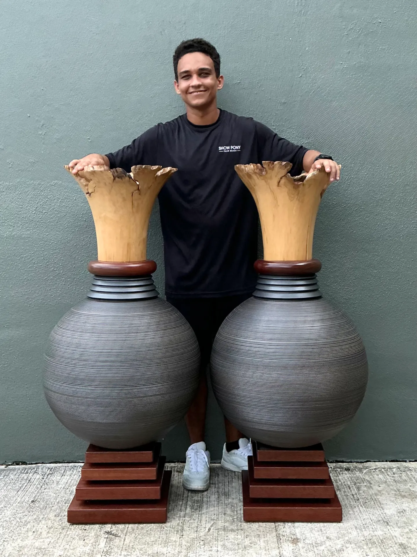 Vintage Monumental Sculptural Wood Urns - A Pair — additional photo 2