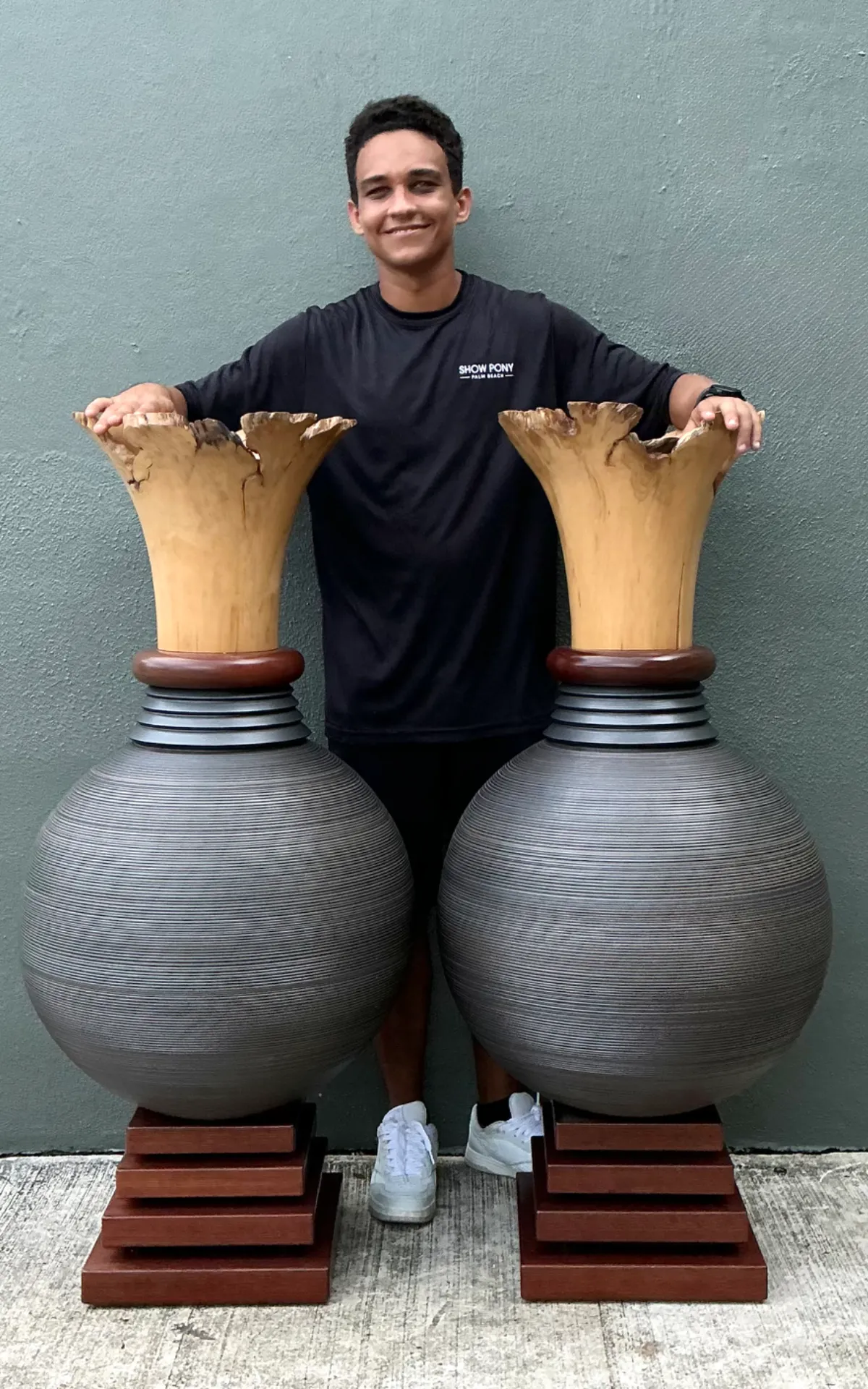 Vintage Monumental Sculptural Wood Urns - A Pair — additional photo 2