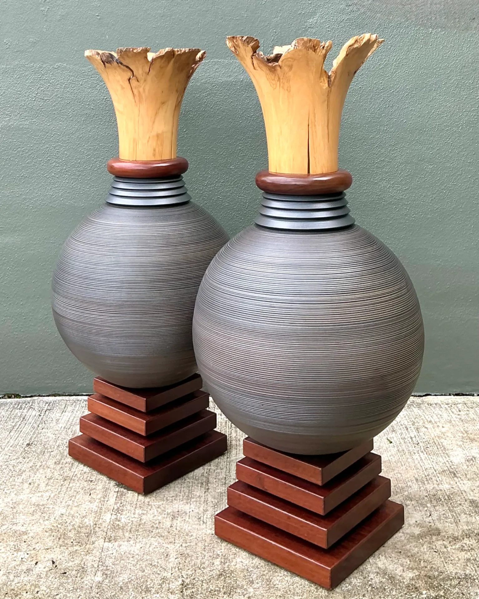 Vintage Monumental Sculptural Wood Urns - A Pair — additional photo 1