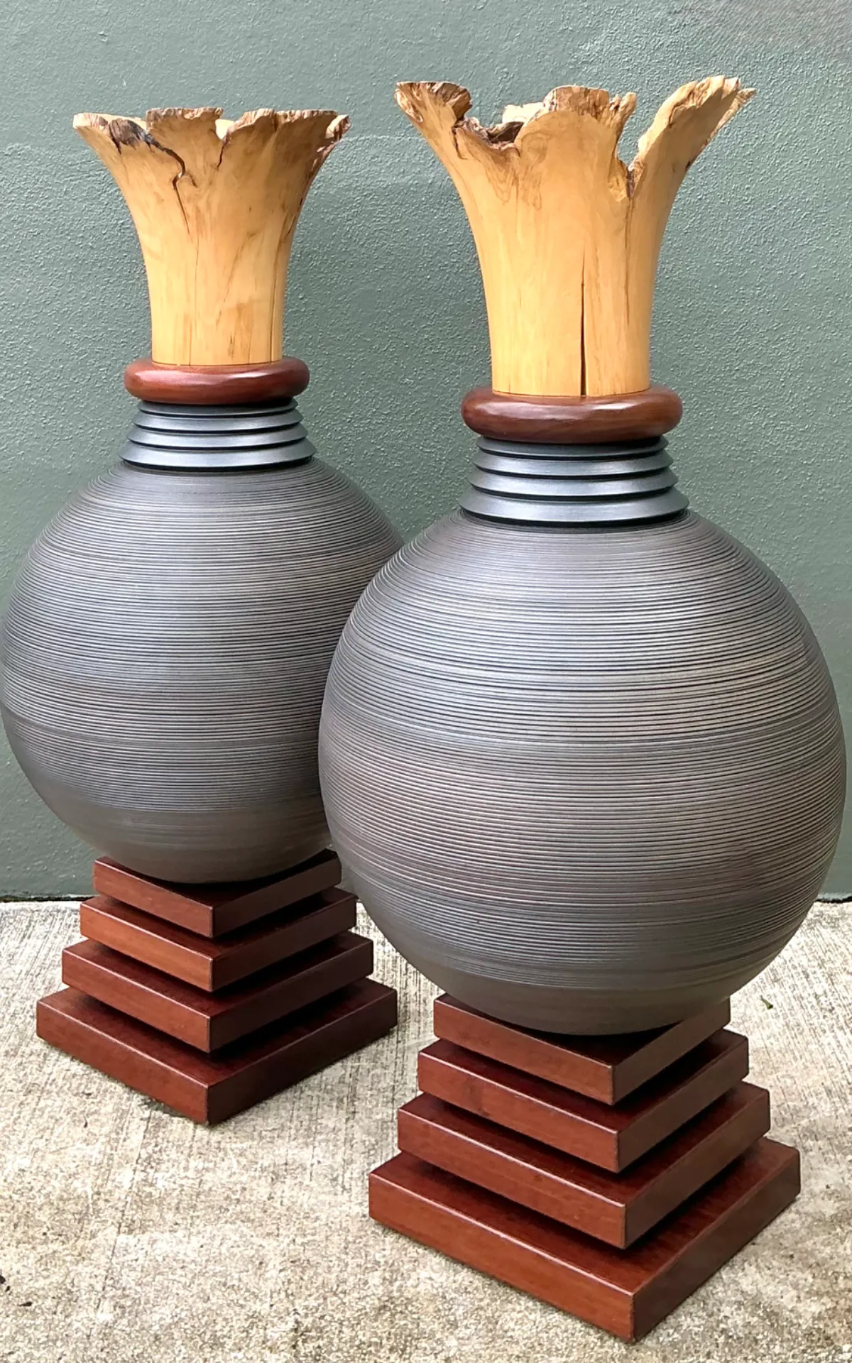Vintage Monumental Sculptural Wood Urns - A Pair — additional photo 1