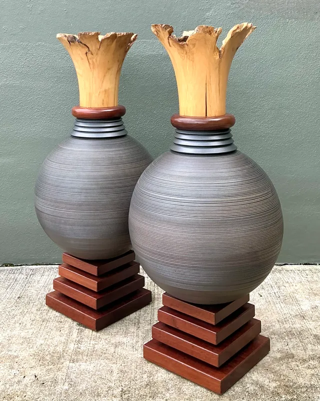 Vintage Monumental Sculptural Wood Urns - A Pair — additional photo 1