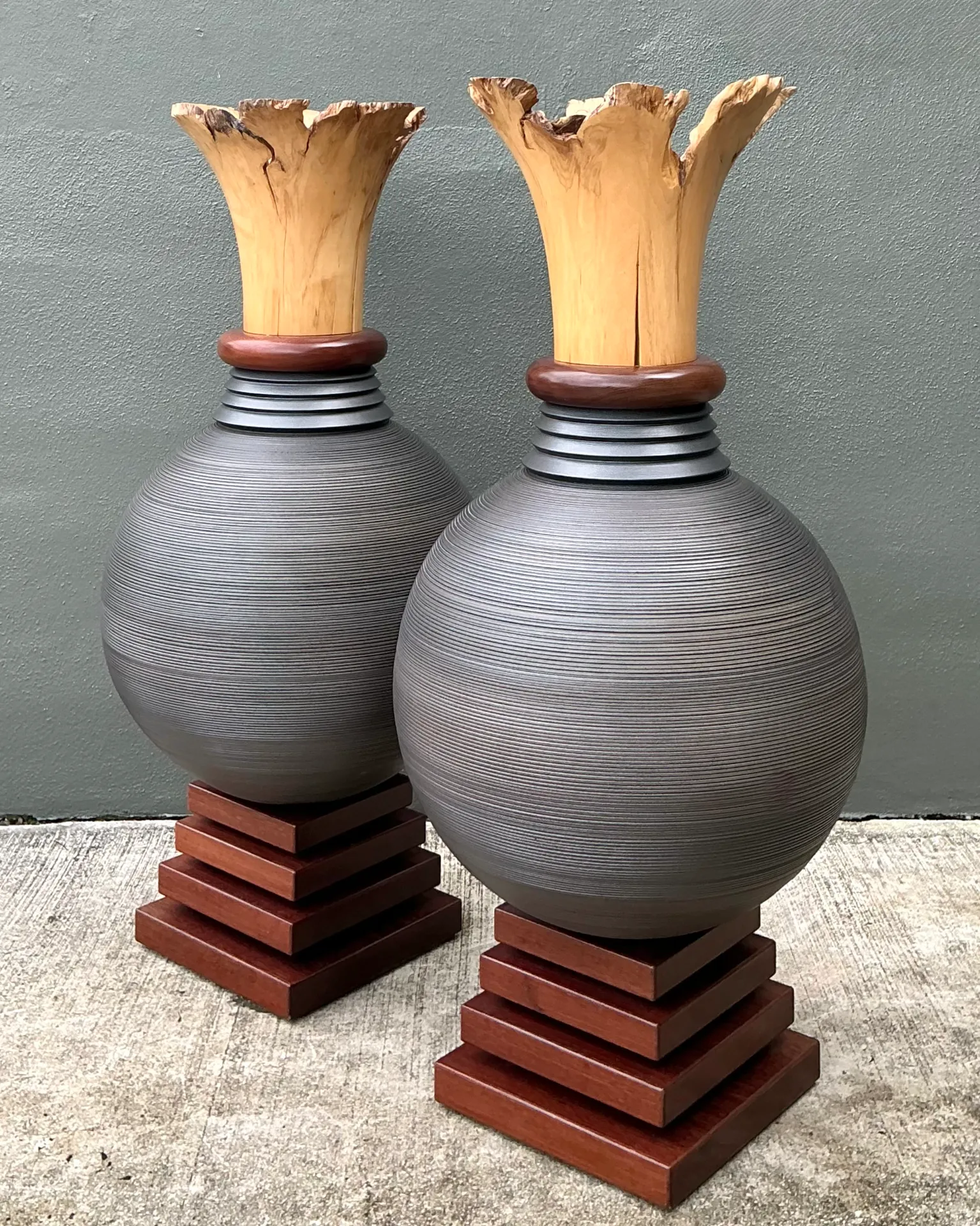 Vintage Monumental Sculptural Wood Urns - A Pair — additional photo 5
