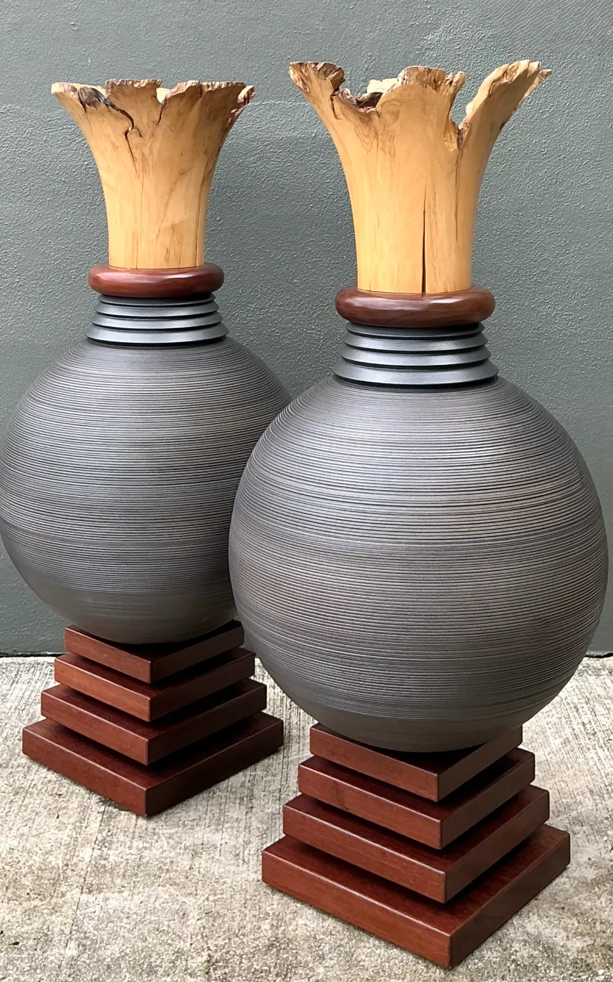 Vintage Monumental Sculptural Wood Urns - A Pair — additional photo 5