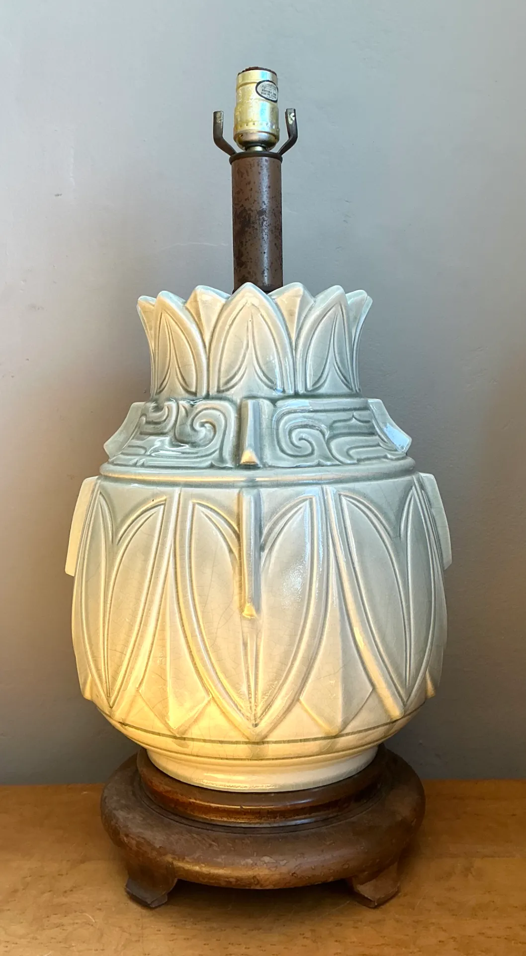 Vintage Glazed Ceramic Table Lamp with Wood Base — additional photo 2