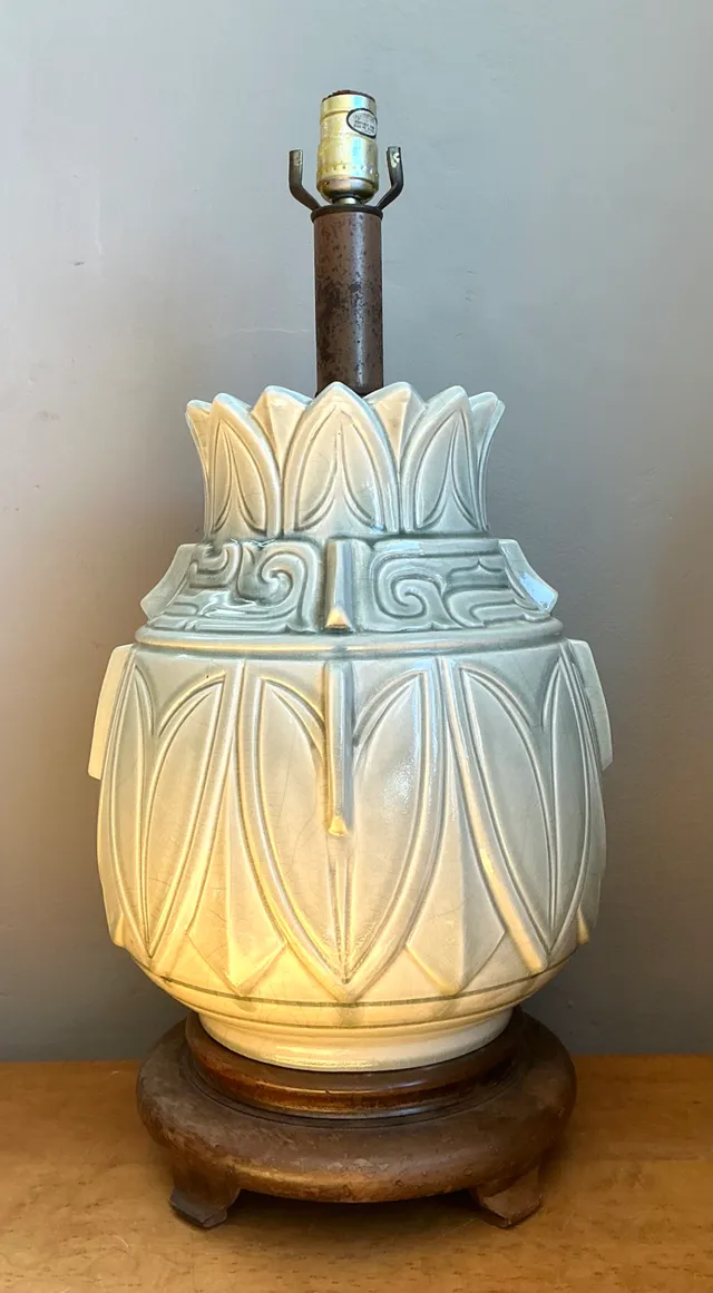 Vintage Glazed Ceramic Table Lamp with Wood Base — additional photo 2