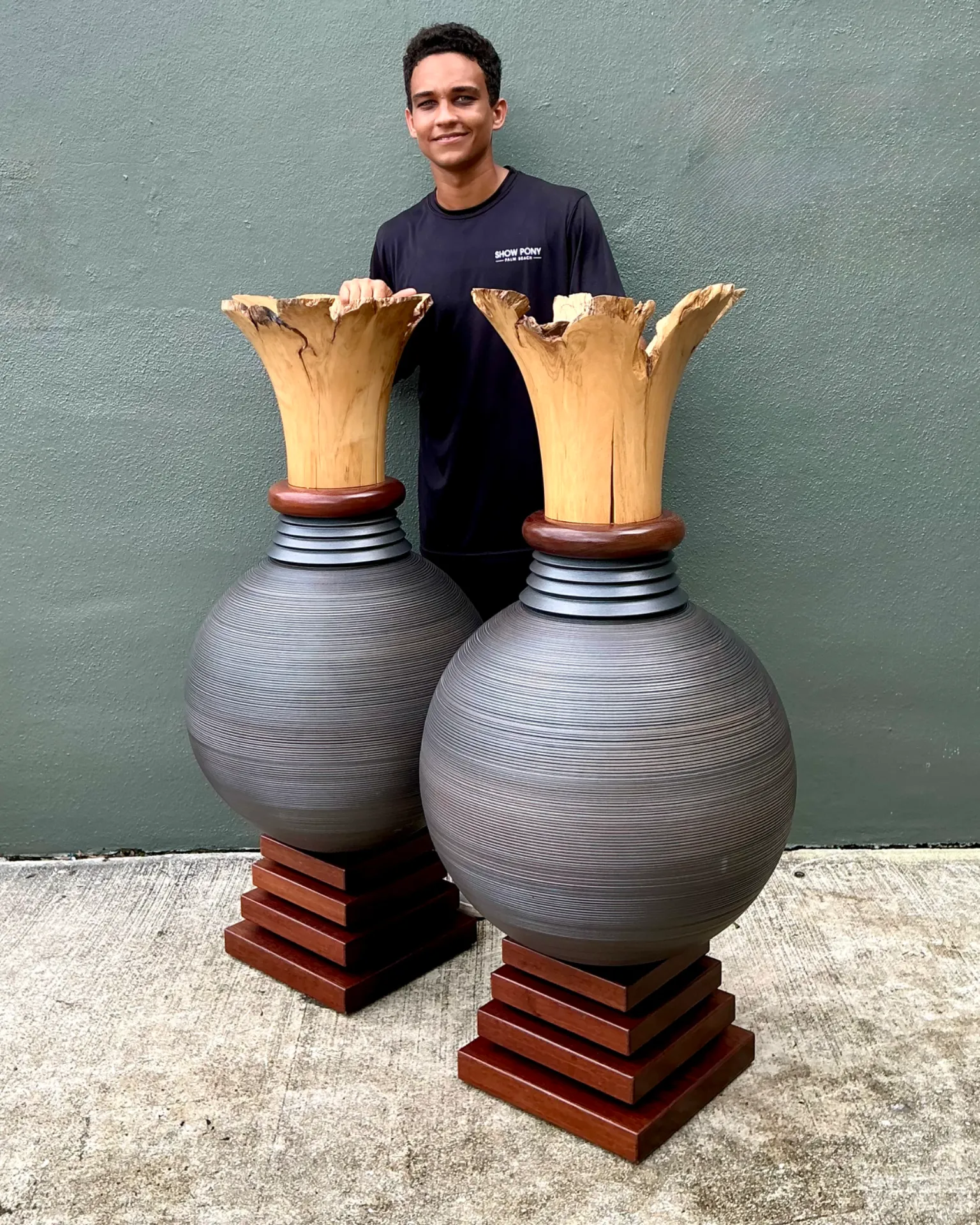 Vintage Monumental Sculptural Wood Urns - A Pair — additional photo 6