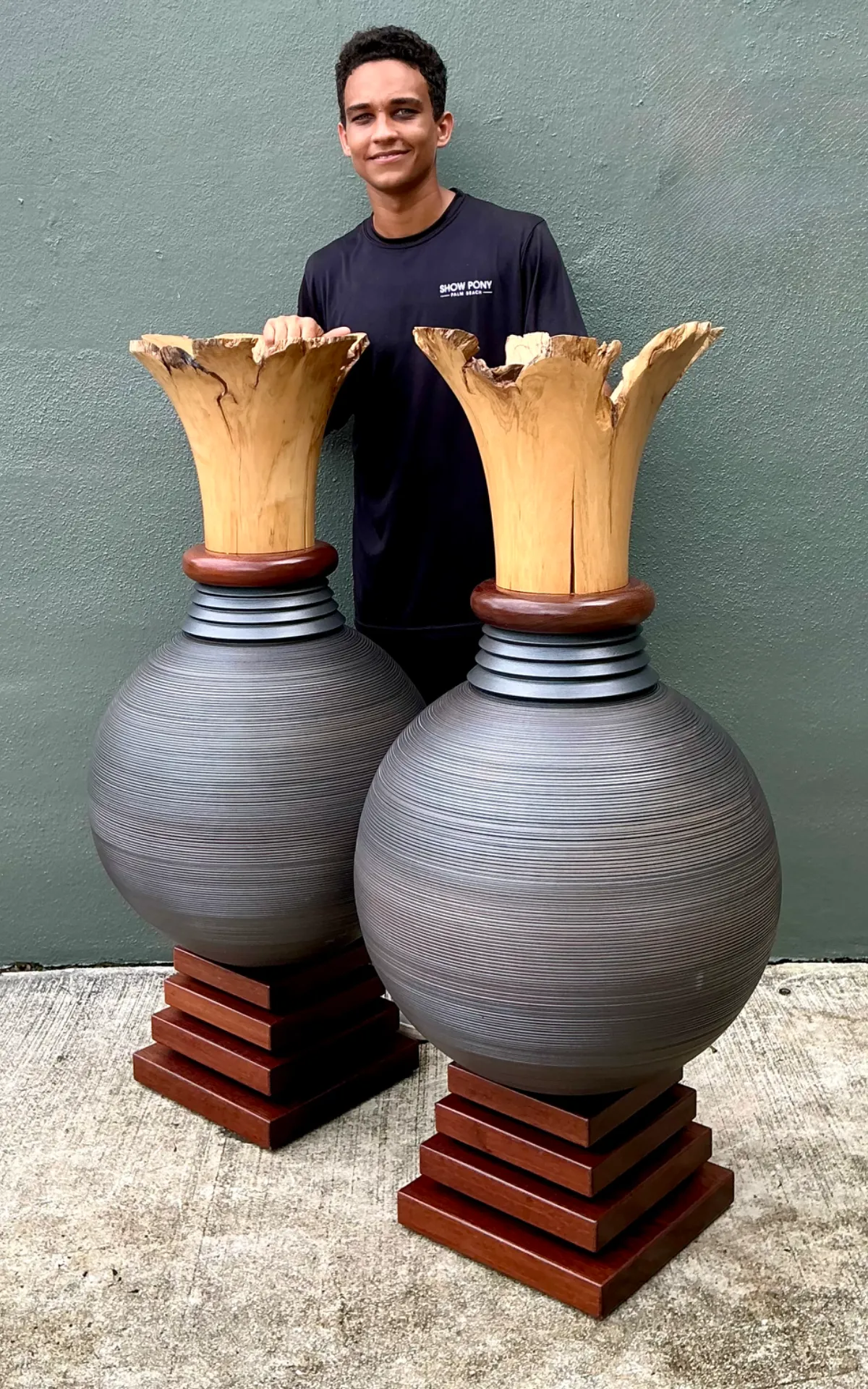 Vintage Monumental Sculptural Wood Urns - A Pair — additional photo 6