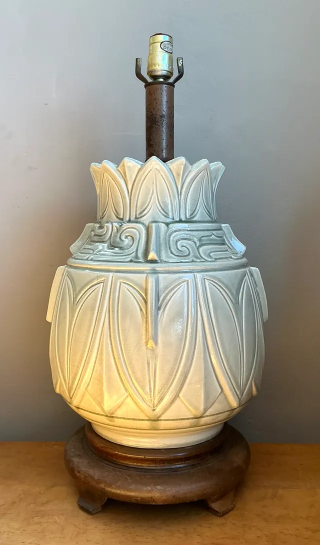 Vintage Glazed Ceramic Table Lamp with Wood Base — additional photo 5