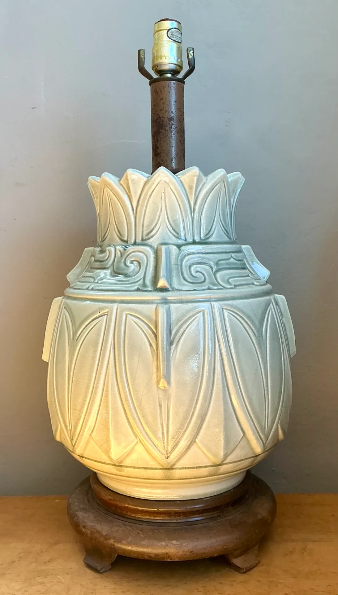 Vintage Glazed Ceramic Table Lamp with Wood Base — additional photo 6