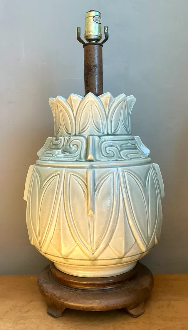 Vintage Glazed Ceramic Table Lamp with Wood Base — additional photo 6