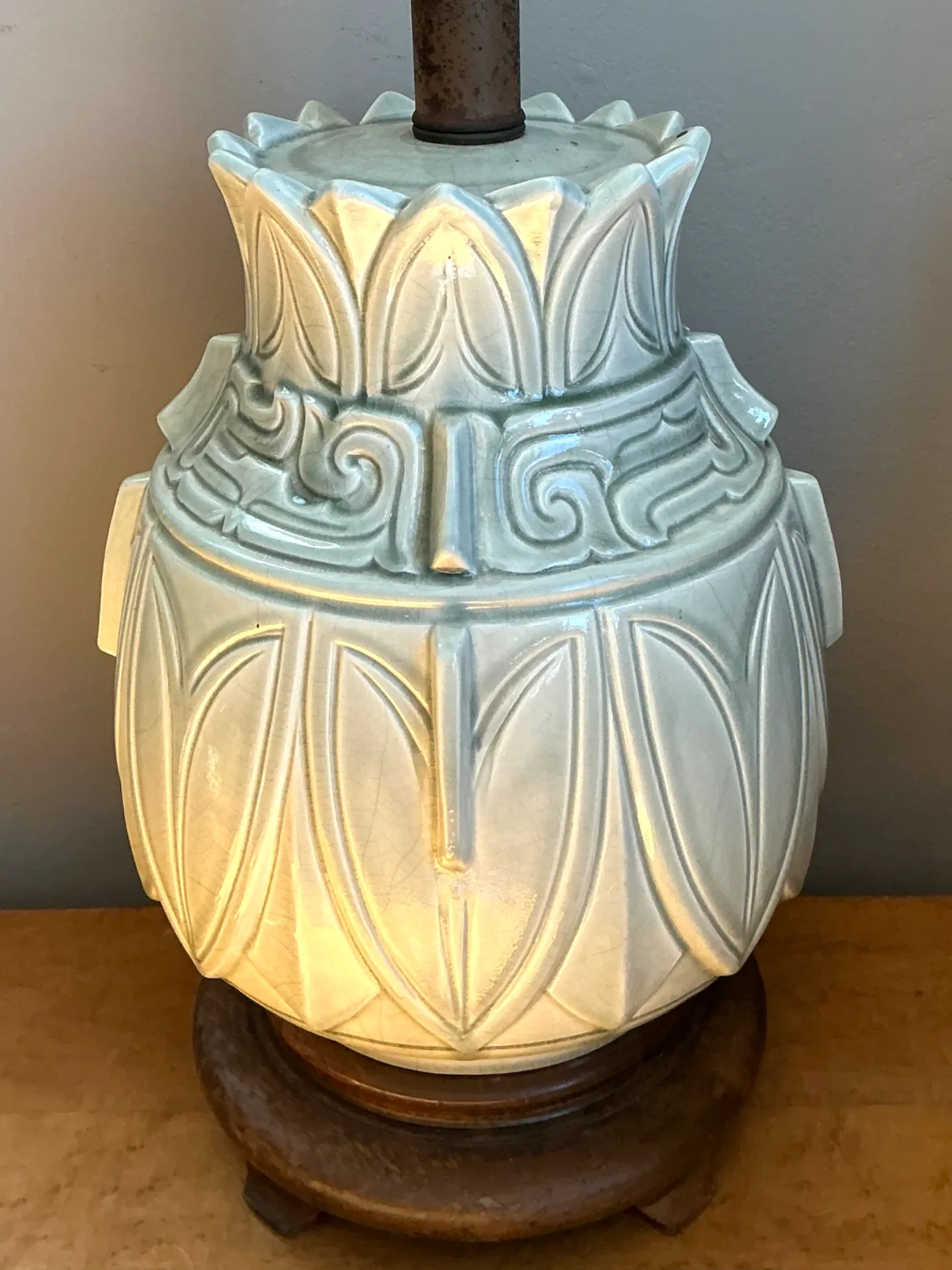 Vintage Glazed Ceramic Table Lamp with Wood Base — additional photo 1