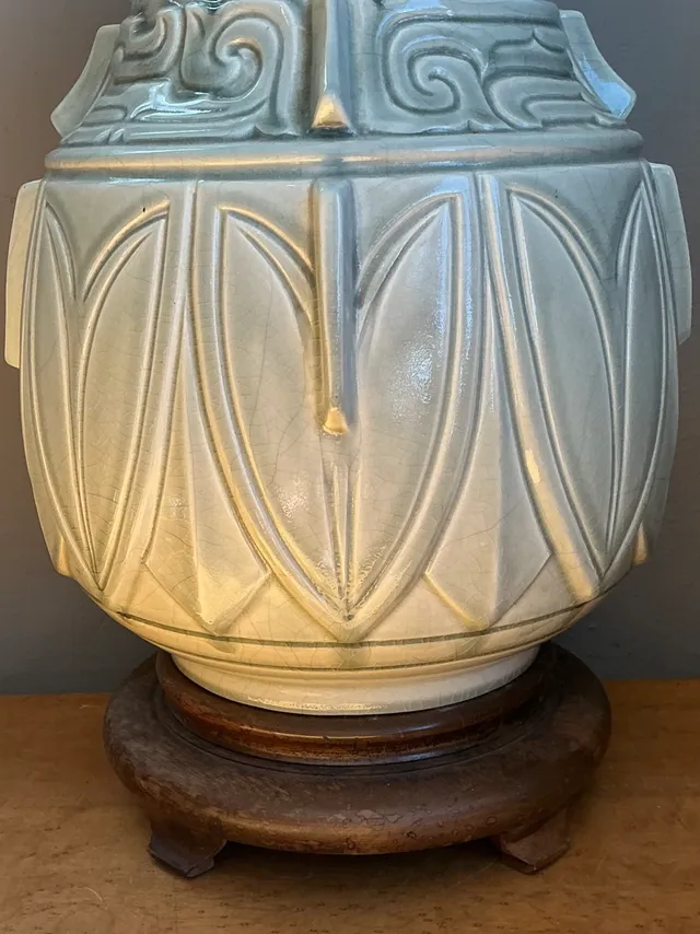 Vintage Glazed Ceramic Table Lamp with Wood Base — additional photo 4