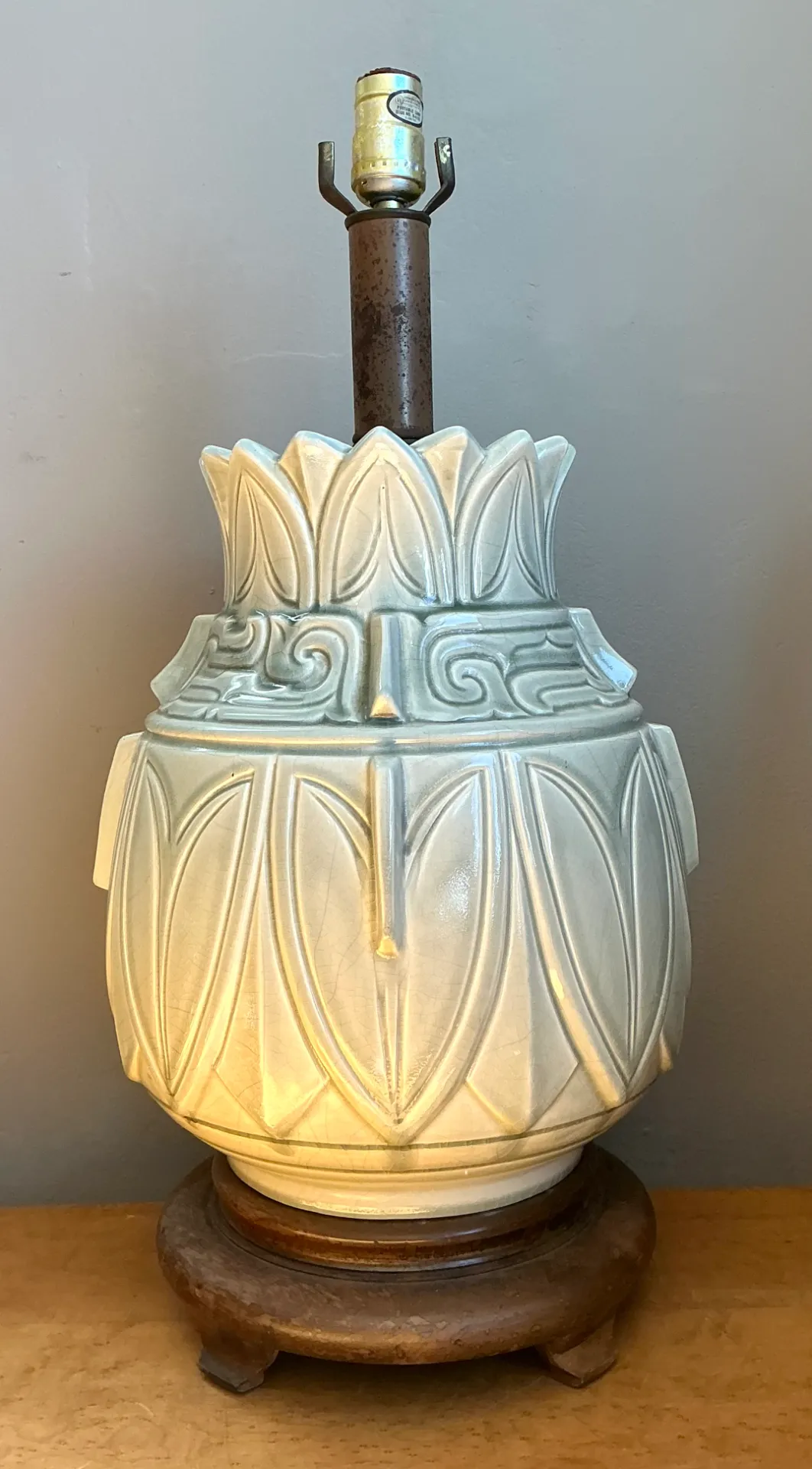 Vintage Glazed Ceramic Table Lamp with Wood Base — additional photo 7