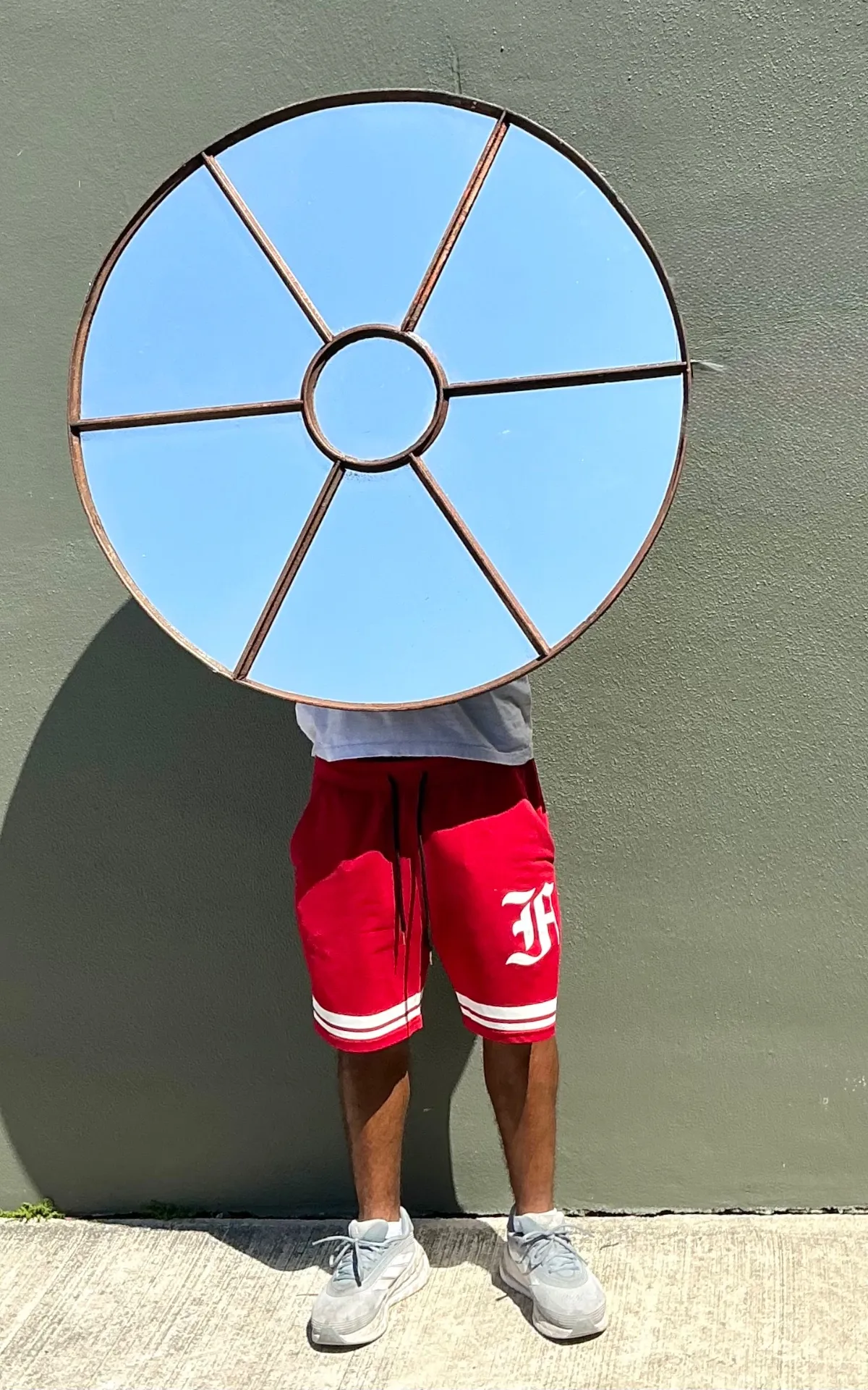 Vintage Wrought Iron Round Windowpane Mirror — additional photo 2