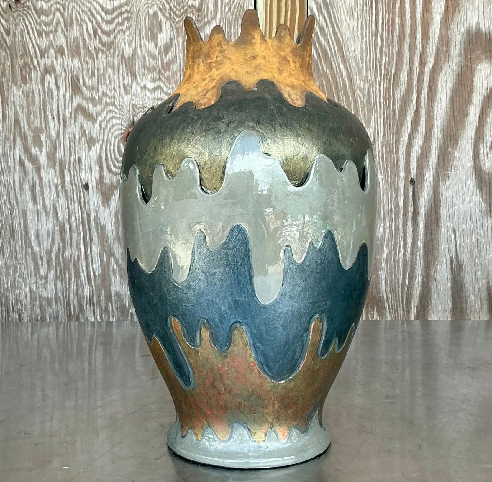 Vintage Boho Monumental Layered Ripple Ceramic Vase — additional photo 2