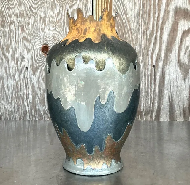 Vintage Boho Monumental Layered Ripple Ceramic Vase — additional photo 6