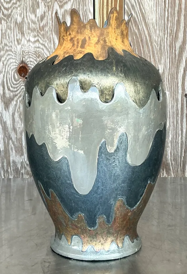 Vintage Boho Monumental Layered Ripple Ceramic Vase — additional photo 4