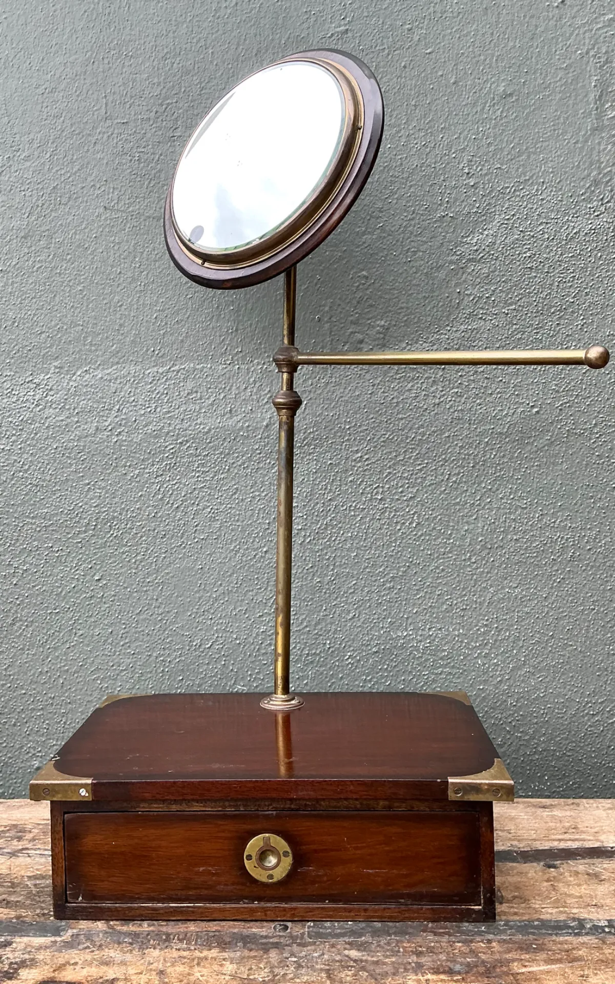 Vintage Brass and Wood Campaign Vanity Mirror — additional photo 2