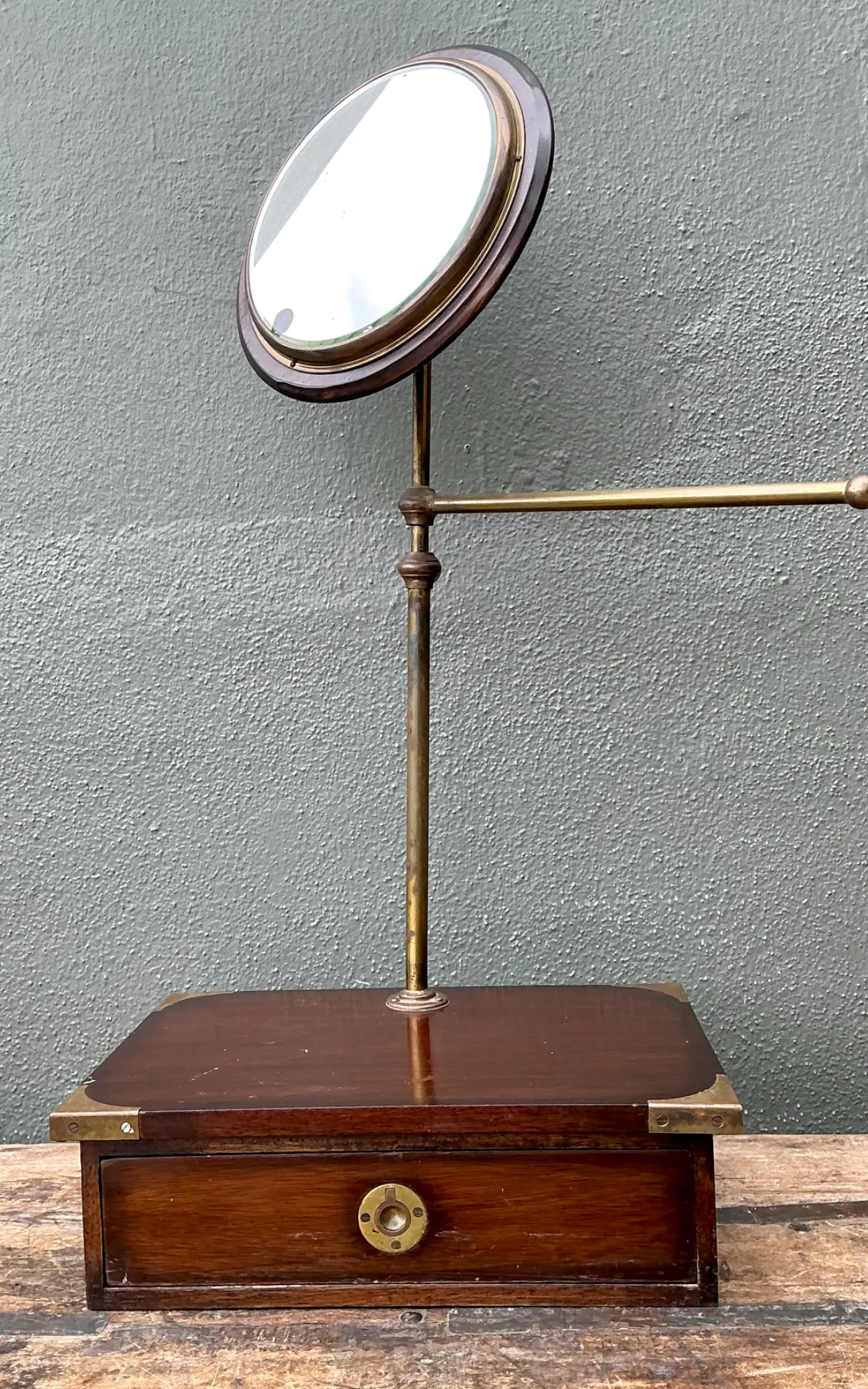 Vintage Brass and Wood Campaign Vanity Mirror — additional photo 6