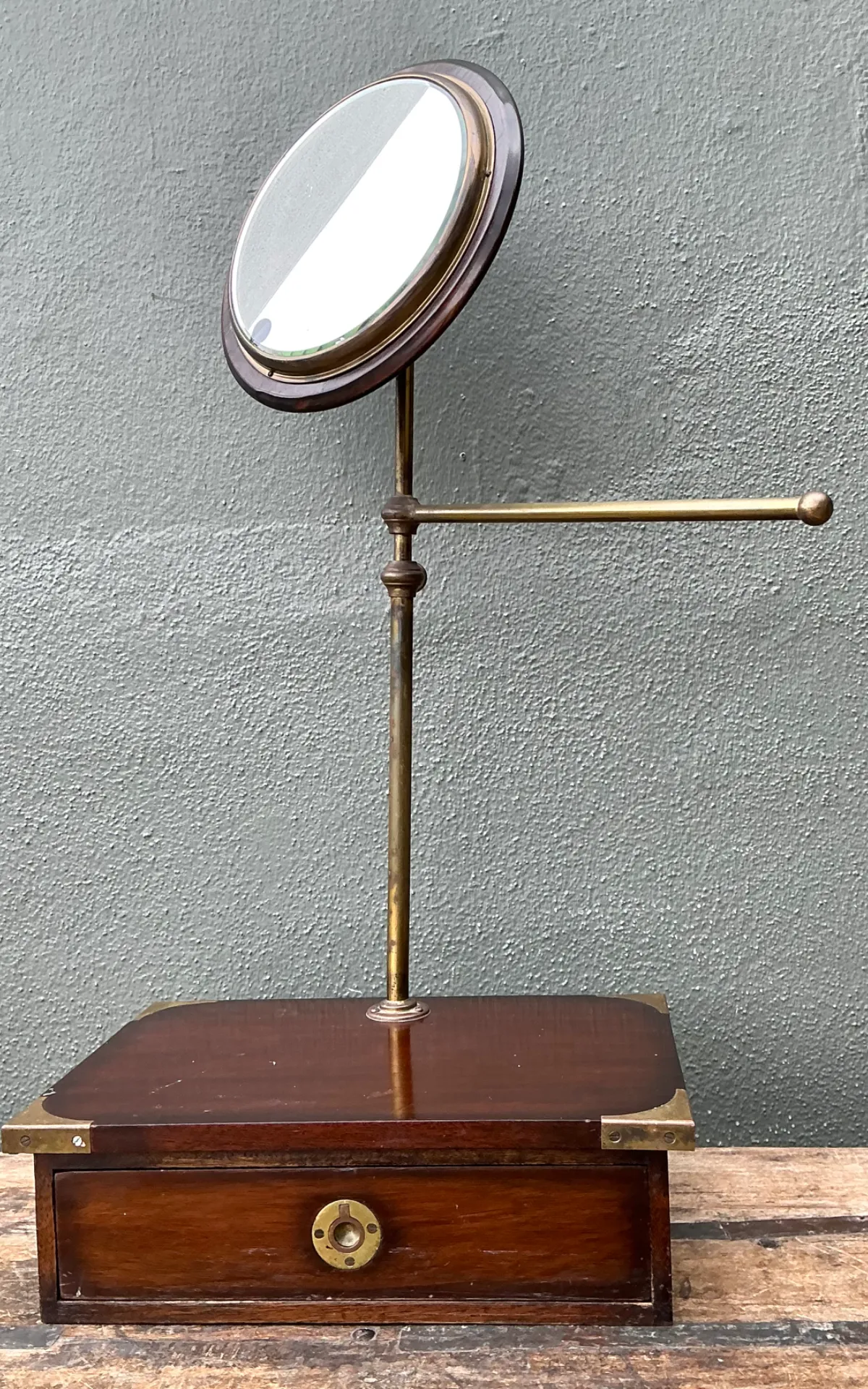 Vintage Brass and Wood Campaign Vanity Mirror