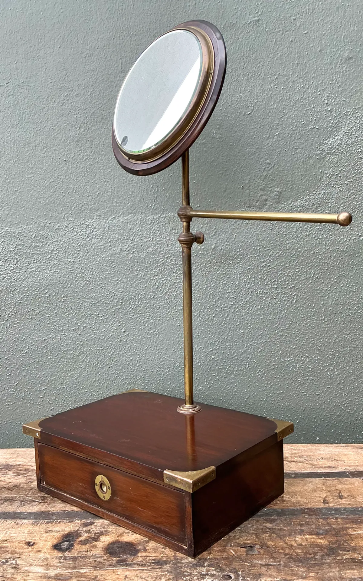 Vintage Brass and Wood Campaign Vanity Mirror — additional photo 5
