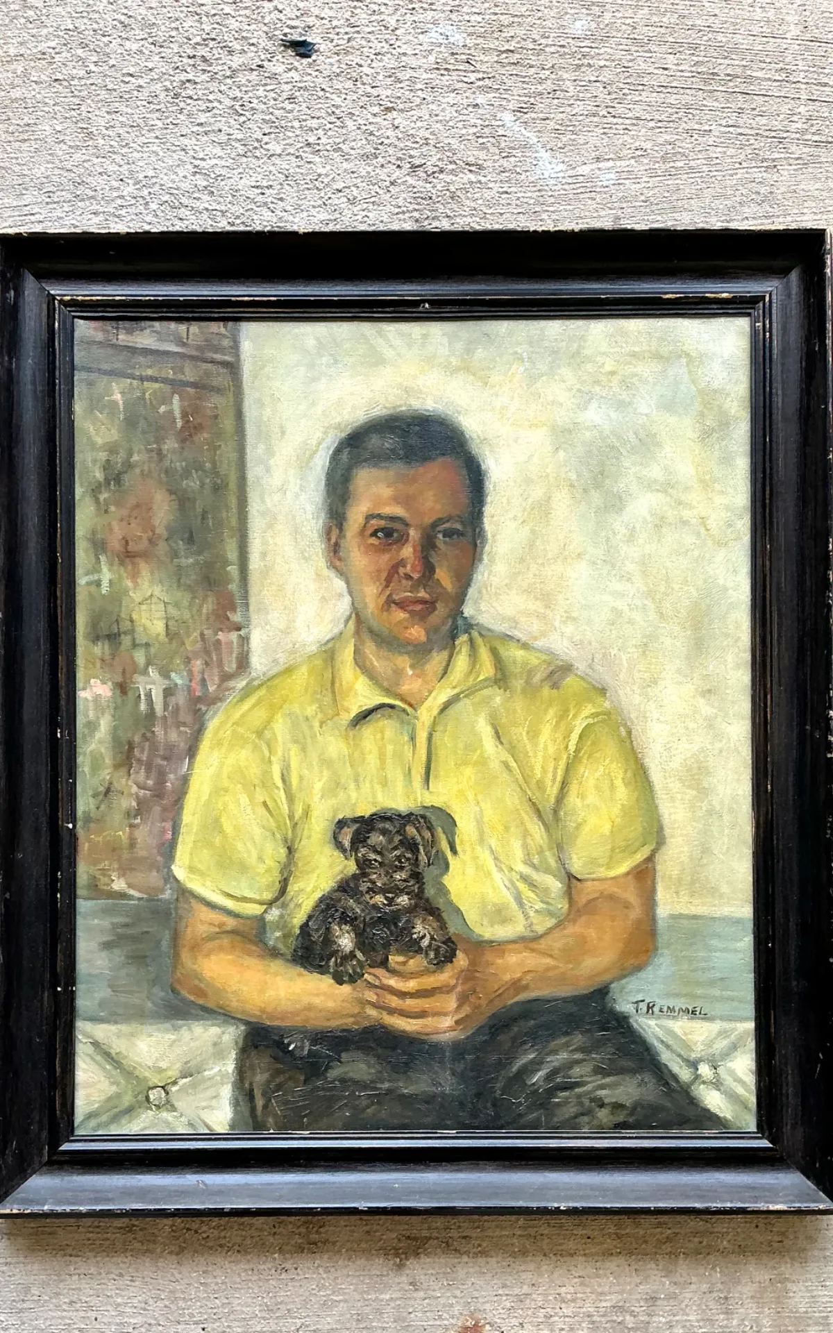 Vintage Figurative Man and Dog Oil Painting