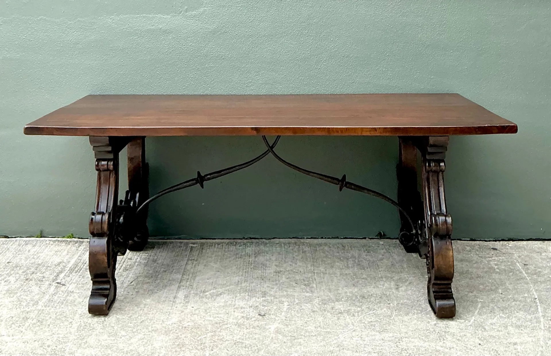 Vintage Spanish Revival Carved Wood Trestle Table — additional photo 1