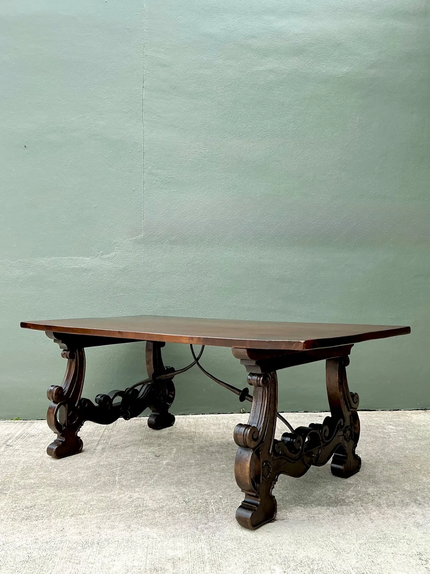 Vintage Spanish Revival Carved Wood Trestle Table — additional photo 2